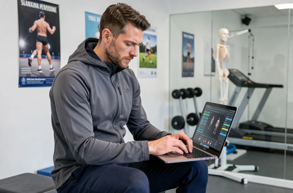 Coach d'Optimalperf analysant les performances sportives d'un athlète sur un ordinateur dans un laboratoire de coaching à Lyon