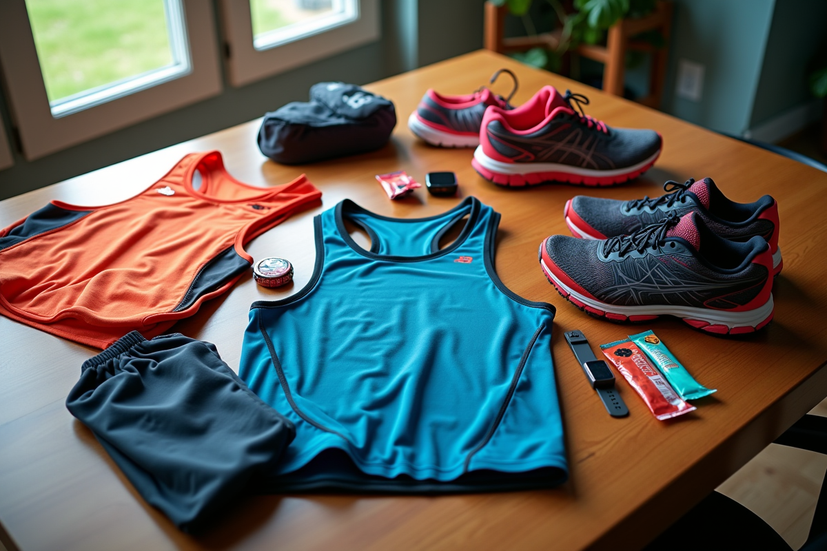 Disposition de gilets de course avec accessoires sur une table en bois