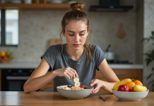 Énergie : les glucides, source d’énergie optimale pour le corps humain ? Jeune femme sportive préparant un bol de flocons de céréales