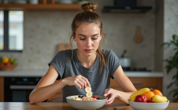 Jeune femme sportive préparant un bol de flocons de céréales