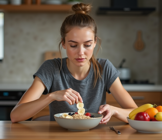 Énergie : les glucides, source d’énergie optimale pour le corps humain ? Jeune femme sportive préparant un bol de flocons de céréales