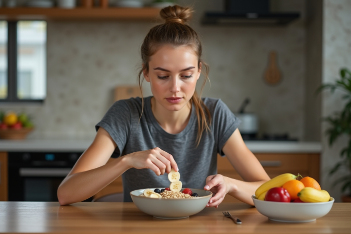 Jeune femme sportive préparant un bol de flocons de céréales