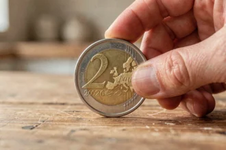 Pièce de 2 euros commémorative JO 2026 tenue entre les doigts sur une table en bois