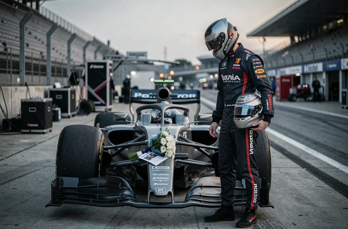 Pilote de Formule 1 en hommage silencieux près de sa monoplace sur la voie des stands avec des fleurs blanches posées sur le museau de la voiture en signe de deuil