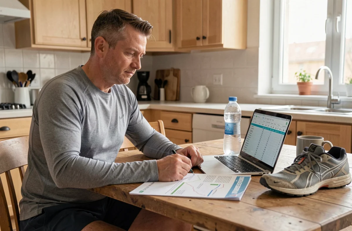 Coureur amateur calculant sa vitesse cible pour son premier marathon avec un plan d'entraînement imprimé et un calculateur de allure sur ordinateur portable
