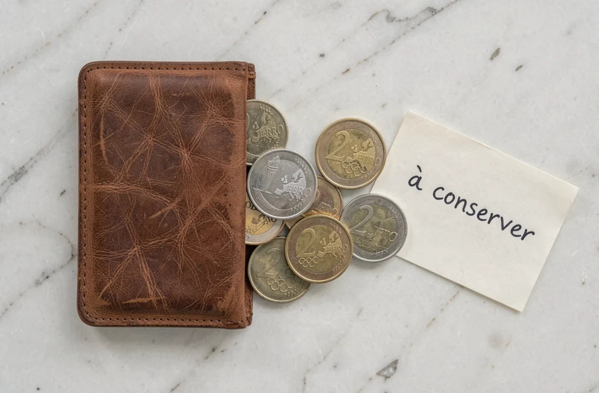 Portefeuille ouvert avec des pièces de 2 euros commémoratives JO 2026 sur fond de marbre