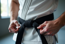 Pratiquant de Jiu Jitsu nouant une ceinture noire dans un dojo lumineux