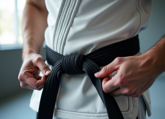 Ceinture JJB : pourquoi la qualité revêt une importance cruciale pour votre entraînement Pratiquant de Jiu Jitsu nouant une ceinture noire dans un dojo lumineux