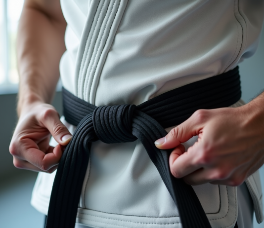 Pratiquant de Jiu Jitsu nouant une ceinture noire dans un dojo lumineux