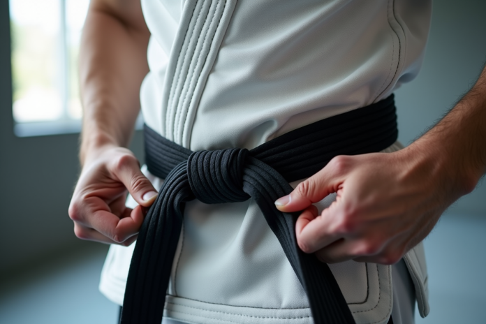 Pratiquant de Jiu Jitsu nouant une ceinture noire dans un dojo lumineux
