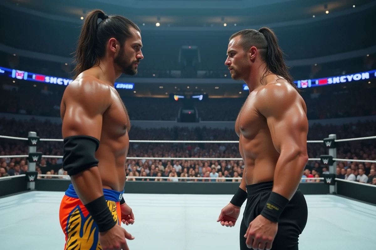 Deux lutteurs en ring avant un match WWE en tension