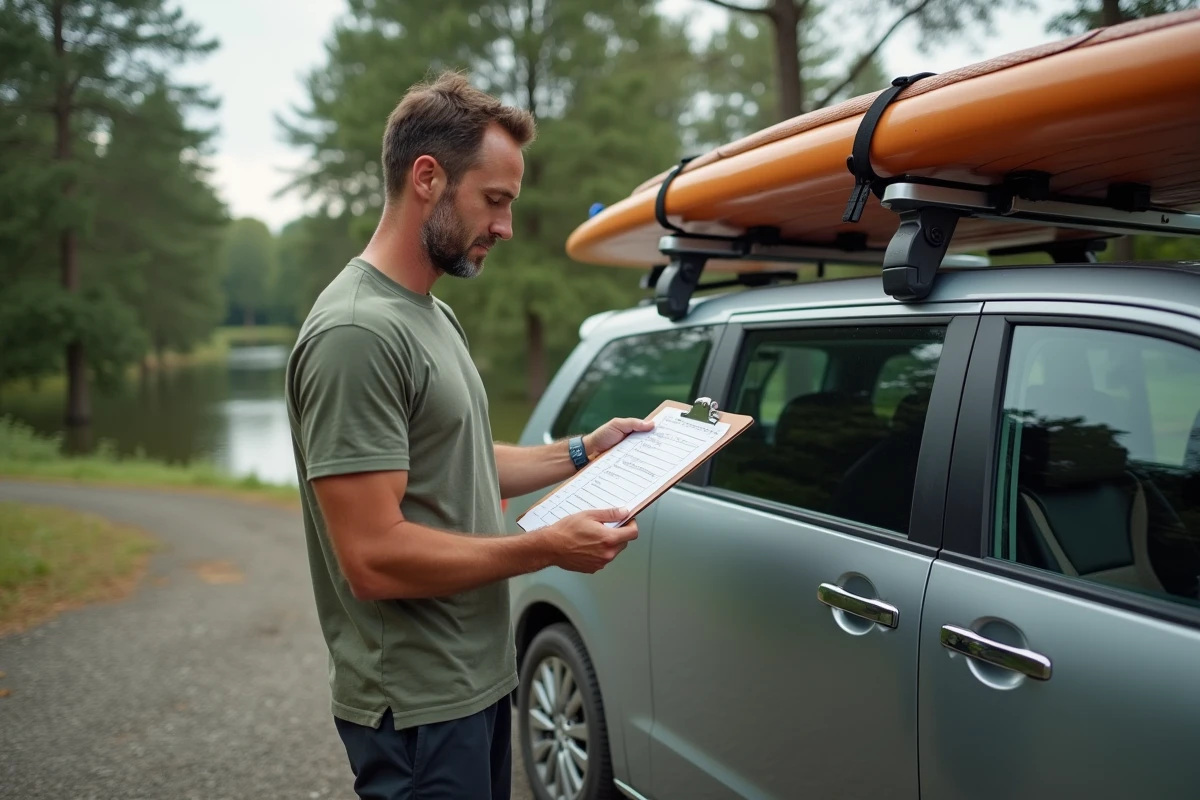 Père préparant et attachant des planches de stand-up paddle sur le toit d'une voiture avant une sortie en famille au lac