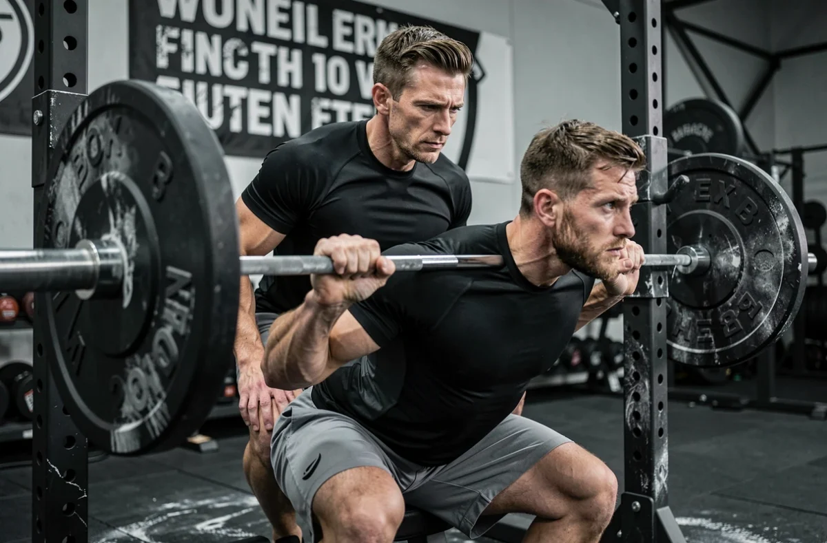 Coach en préparation physique supervisant un athlète lors d'un squat lourd dans une salle de performance sportive