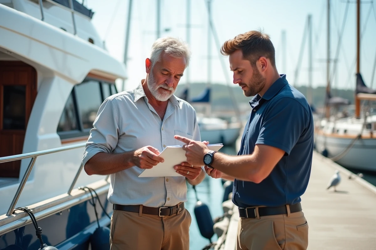 Propriétaire de bateau discutant du plan de maintenance avec un technicien nautique avant un grand voyage