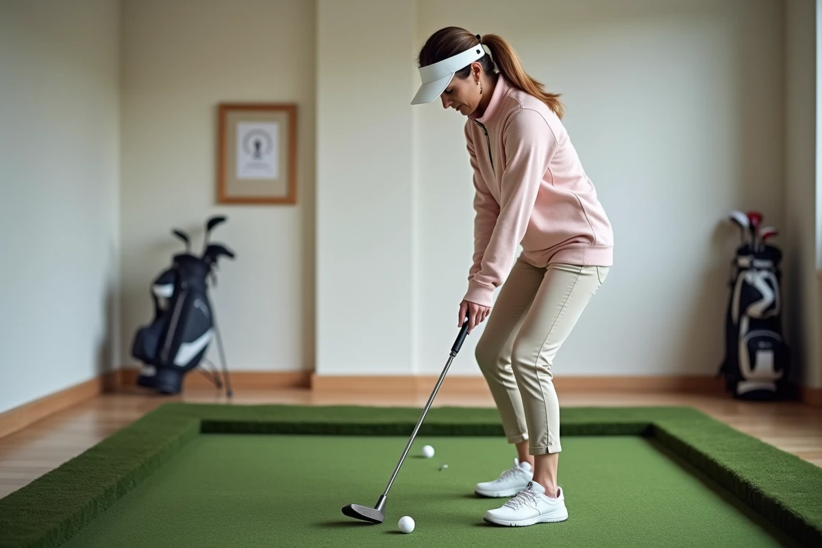 Femme pratiquant le putting à une main sur un tapis d'entraînement intérieur dans un studio de golf, putter mallet tenu d'une seule main gauche, posture méthodique