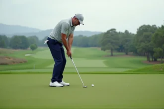 Golfeur adulte réalisant un putting à une main sur un green soigné, bras droit tendu vers le trou avec un putter blade, posture stable et geste fluide