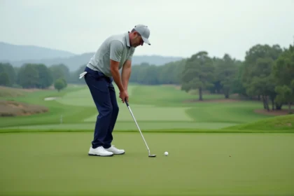 Golfeur adulte réalisant un putting à une main sur un green soigné, bras droit tendu vers le trou avec un putter blade, posture stable et geste fluide