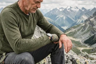 Randonneur en montagne consultant sa montre GPS sur un rocher granitique avec vue sur les crêtes alpines