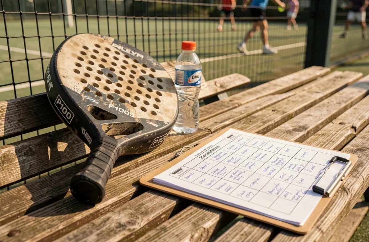 Raquette de padel et tableau de tournoi P100 posés sur un banc de terrain lors d'une compétition débutants