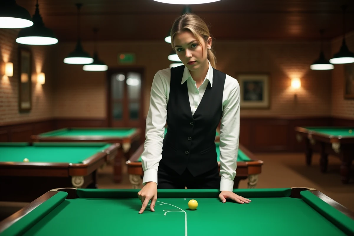 Joueuse de billard expliquant les règles de placement de la boule blanche dans la zone de départ sur un billard professionnel