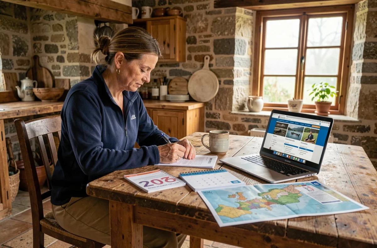 Femme remplissant un formulaire de renouvellement de carte de pêche 2026 sur une table en bois rustique