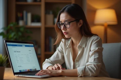 Femme réservant un vol sur Air Egypt depuis son bureau à domicile en évitant les erreurs courantes