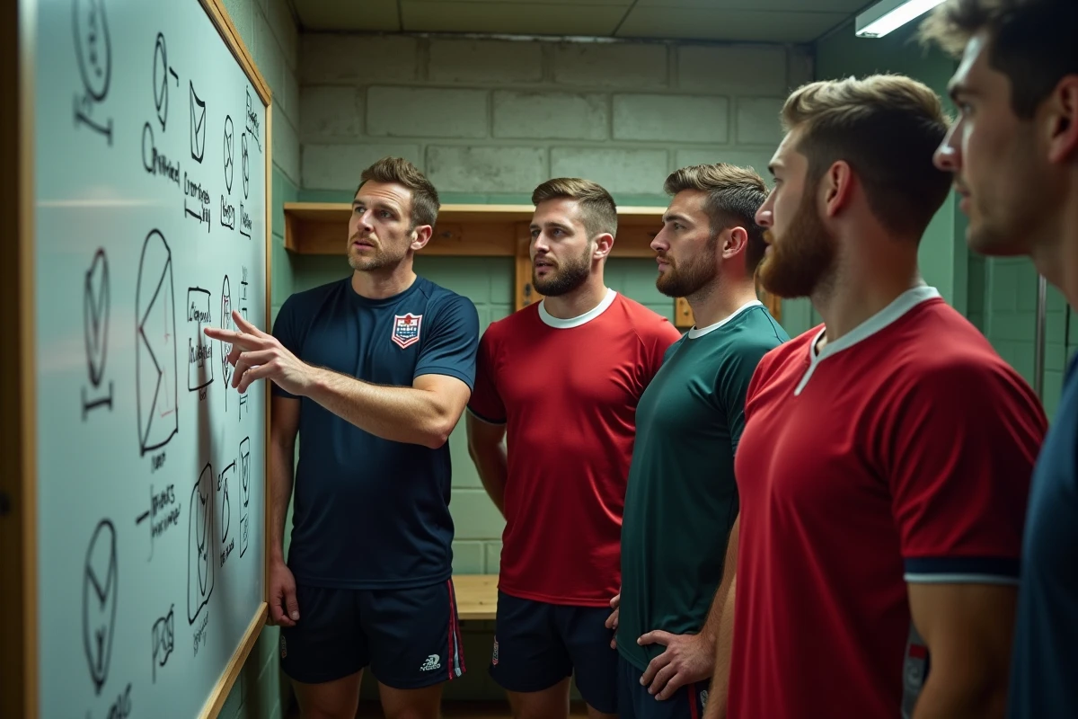 Réunion tactique d'une équipe de rugby Fédérale 1 dans les vestiaires du club