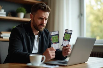 Homme tenant des billets de match de la Juventus devant un ordinateur portable pour les revendre légalement en ligne
