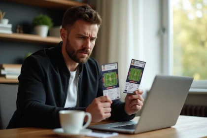 Homme tenant des billets de match de la Juventus devant un ordinateur portable pour les revendre légalement en ligne