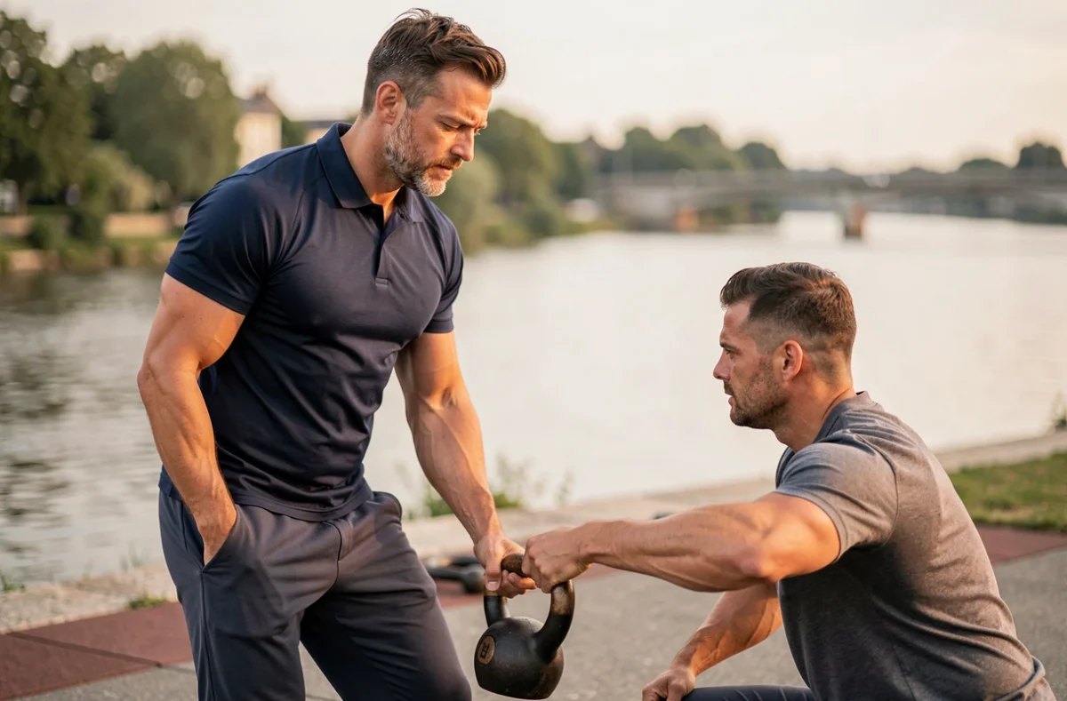 Ronan Guillermic, coach sportif en Maine-et-Loire, guidant un client lors d'un exercice de kettlebell au bord de la Loire