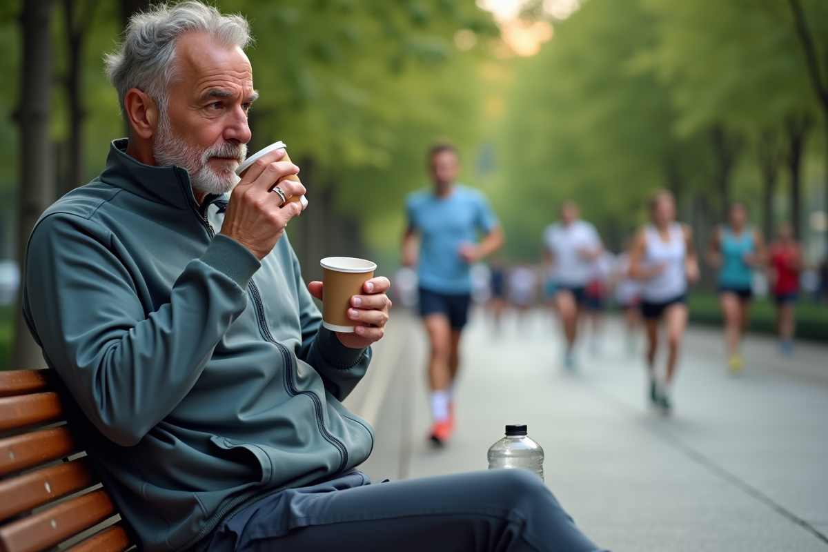 Homme coureur en parc urbain boit une eau avant course