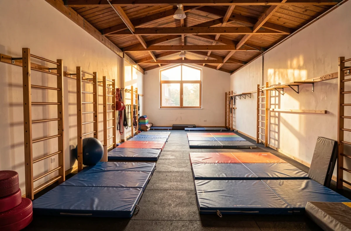 Salle de sport associative avec tapis et espaliers