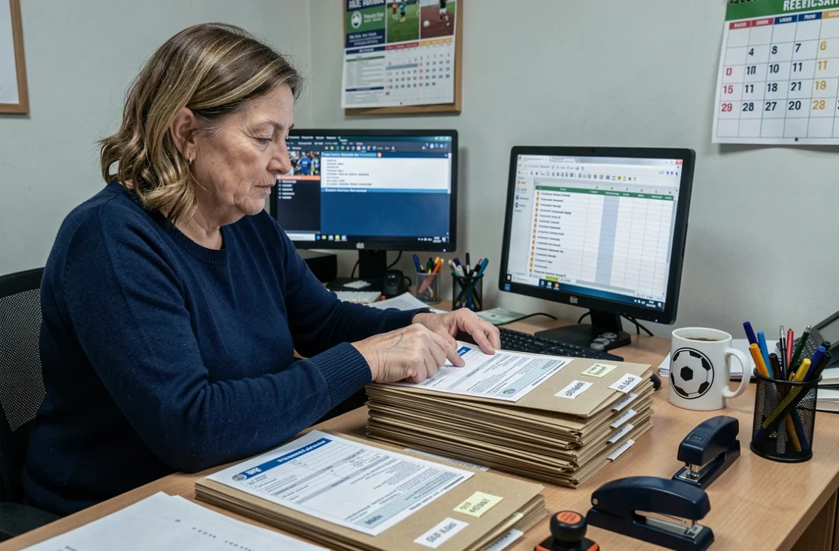 Secrétaire bénévole d'un club de football classant des licences et certificats d'assurance dans un bureau de district en Haute Loire