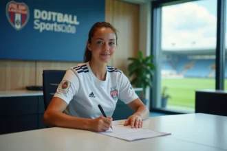 Joueuse de football féminin signant son contrat lors d'un transfert dans un bureau de club professionnel