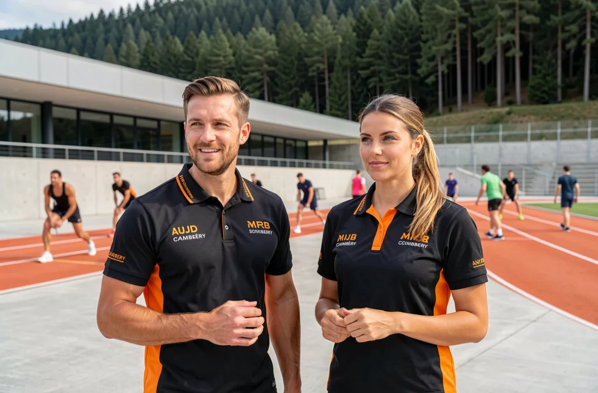 Les coachs de SPORT OPS Coach Sportif devant les installations sportives modernes de Chambéry avec des athlètes en arrière-plan