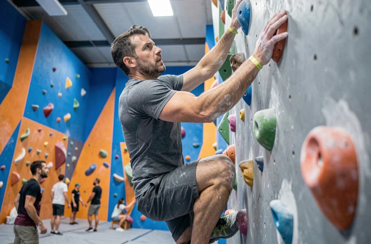 Grimpeur en escalade intérieure sur mur artificiel dans une salle de bloc moderne, sport commençant par I