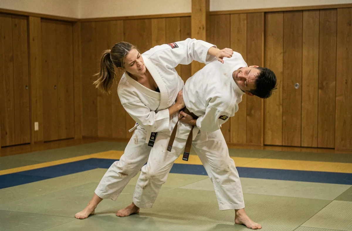 Femme pratiquant le judo dans un dojo, sport commençant par I