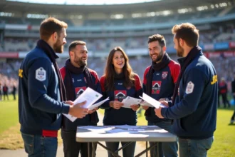 Groupe de supporters de CA Brive réunis devant le stade pour rejoindre l'association CA Libre Rugby