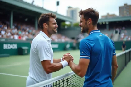 Deux joueurs de tennis se saluant au filet sur un court extérieur