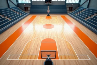 Vue aérienne d'un terrain de handball aux dimensions réglementaires dans une salle de sport moderne avec lignes tracées au sol