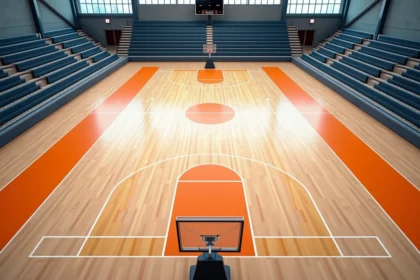 Vue aérienne d'un terrain de handball aux dimensions réglementaires dans une salle de sport moderne avec lignes tracées au sol