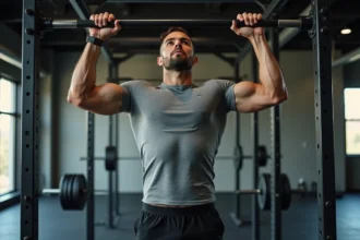 Homme musclé effectuant des tractions lestées dans une salle de musculation moderne, combinant callisthénie et musculation pour progresser