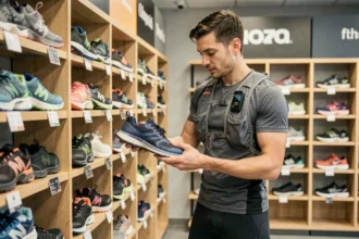 Traileur examinant des chaussures de trail dans le magasin spécialisé trailrunningstore.fr à Sillingy