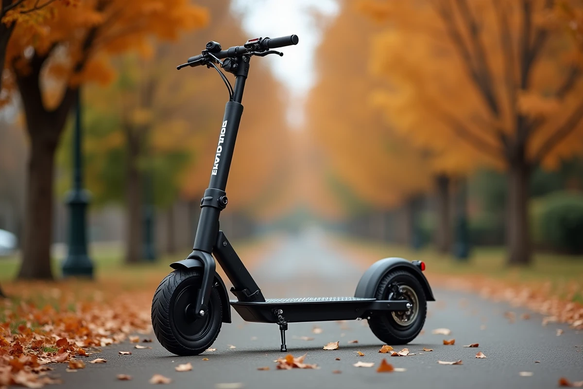 Trottinette Urban Glide 140 garée sur une piste cyclable en automne mettant en valeur ses grandes roues et sa suspension