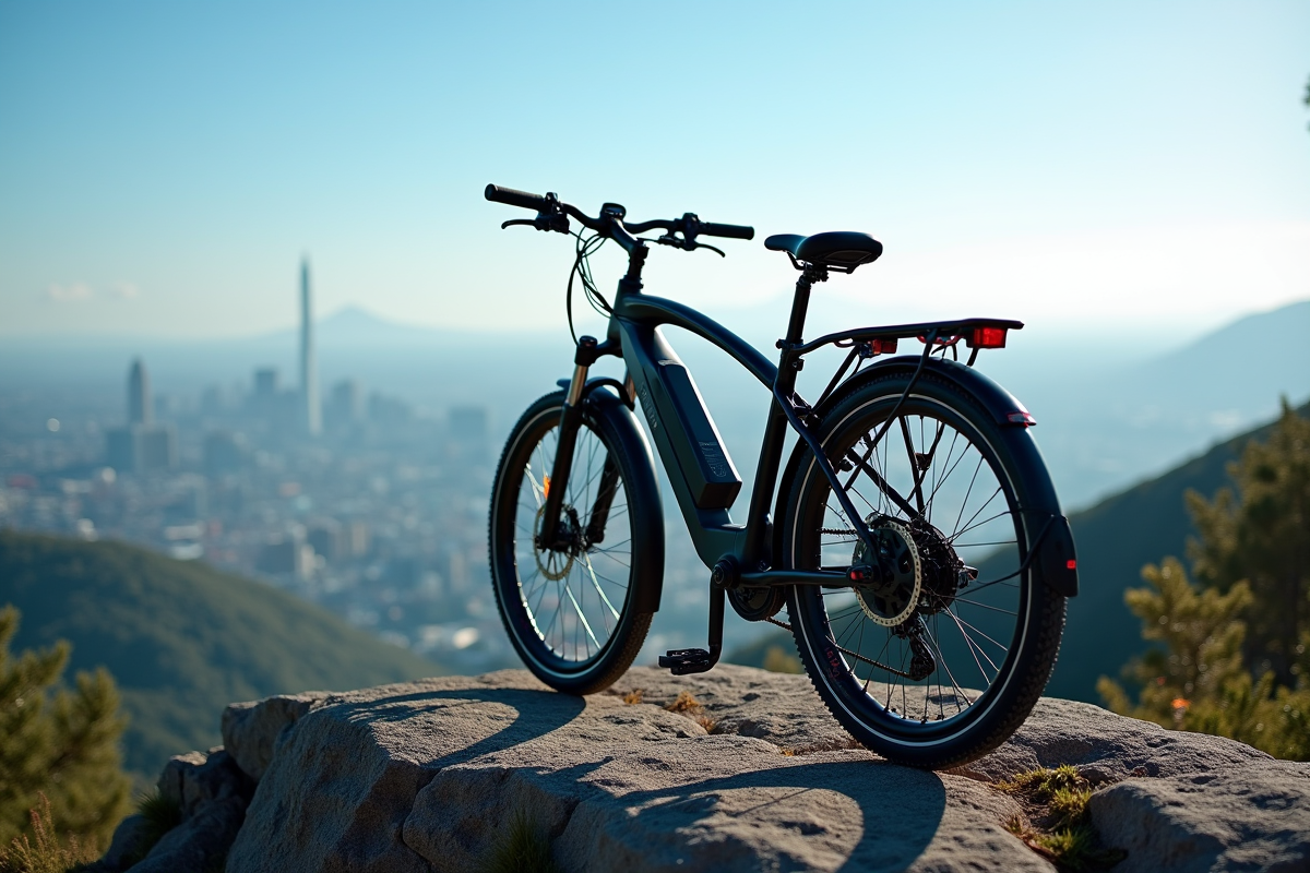 Vélo Bosch électrique stationné avec vue sur la montagne et la ville