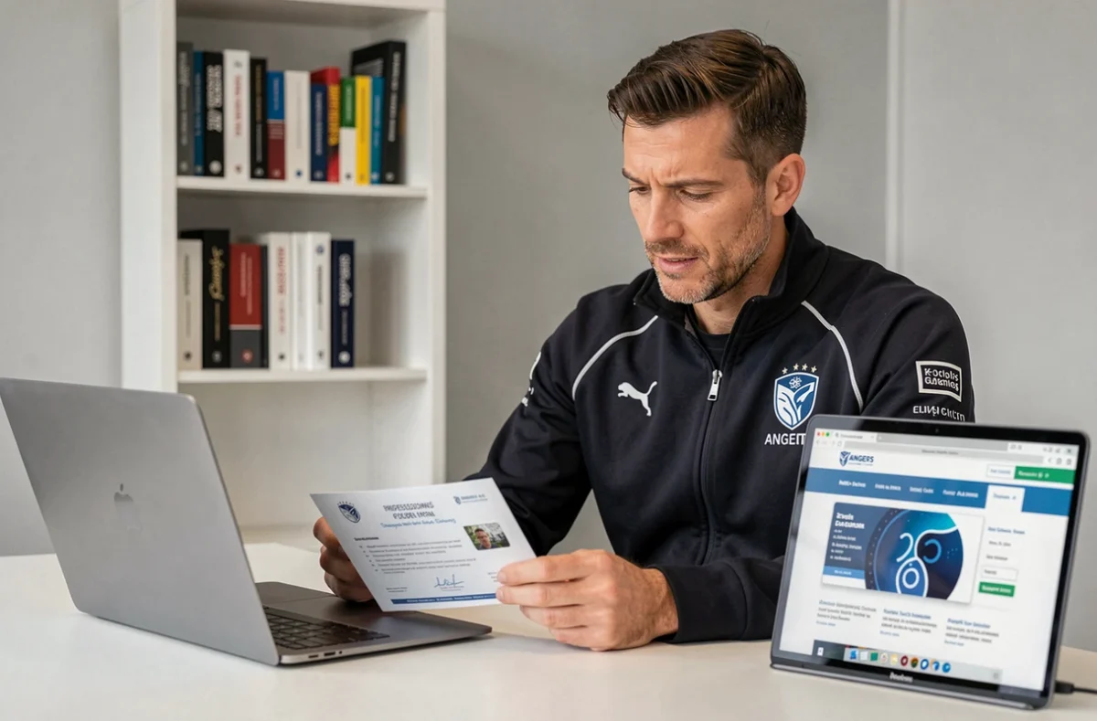 Coach sportif vérifiant sa carte professionnelle et ses certifications à son bureau à Angers en Maine-et-Loire