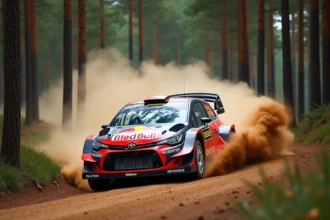 Voiture de rallye WRC en pleine action sur une spéciale forestière en gravier