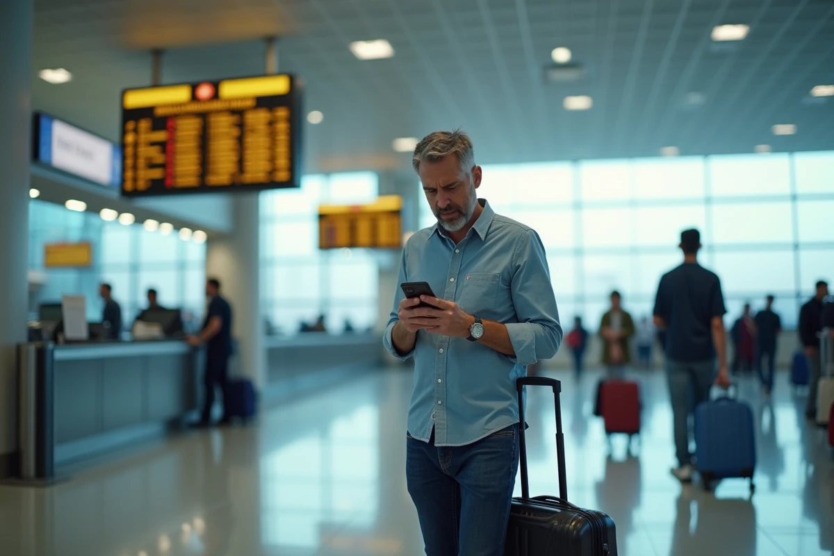 Voyageur consultant son téléphone dans un terminal d'aéroport lors d'un enregistrement pour un vol Air Egypt