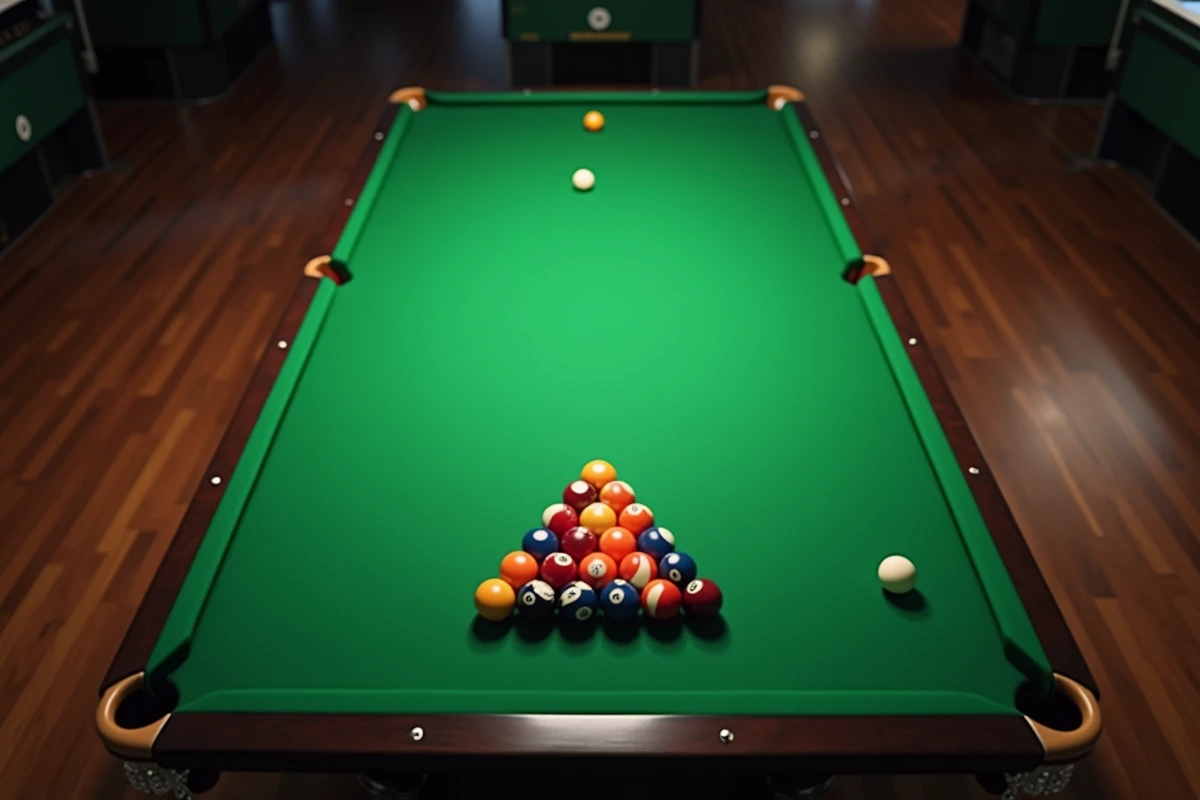 Vue aérienne d'un billard avec les billes en triangle et la boule blanche positionnée dans la zone réglementaire pour la casse