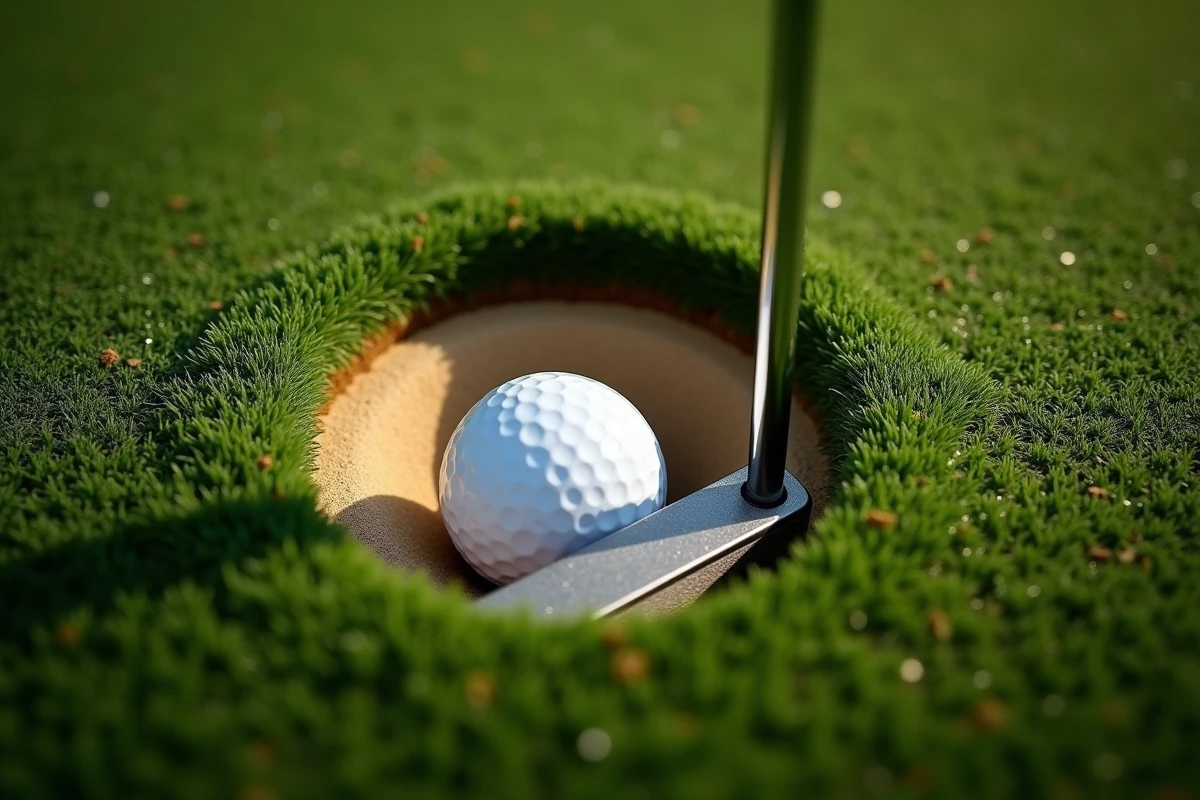 Vue plongeante rapprochée d'une balle de golf à quelques centimètres du trou sur un putting green impeccable